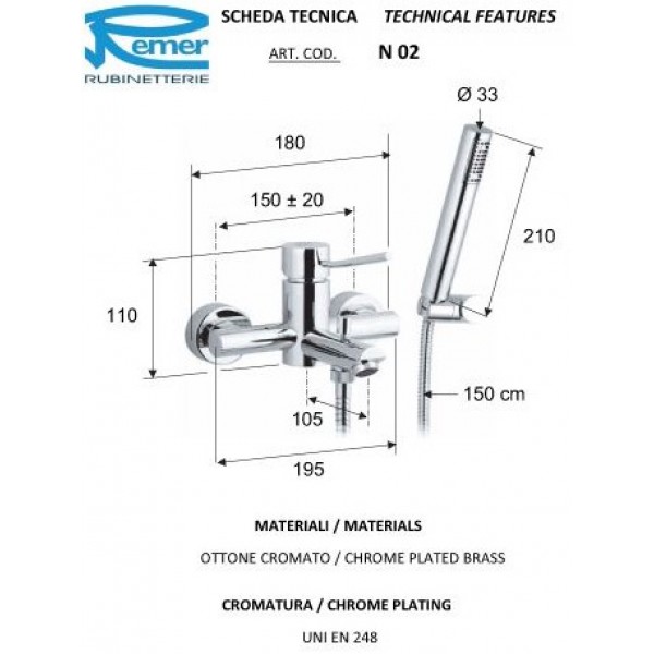 Змішувач для ванни з душем REMER N02