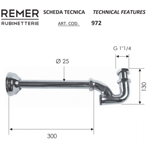 Сифон для умывальника 25 мм хром REMER 972