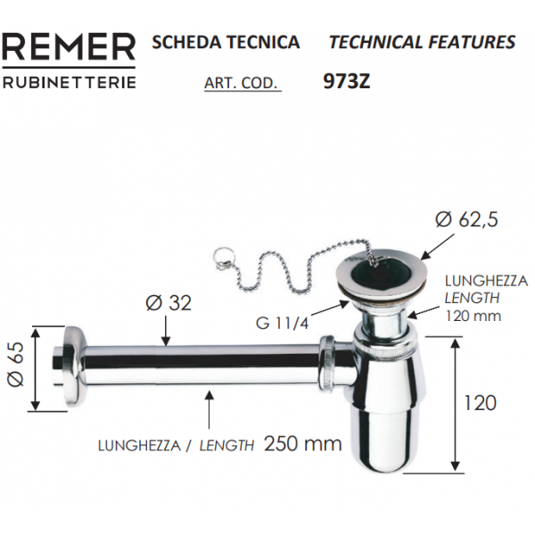 Сифон для умывальника хром REMER 973Z