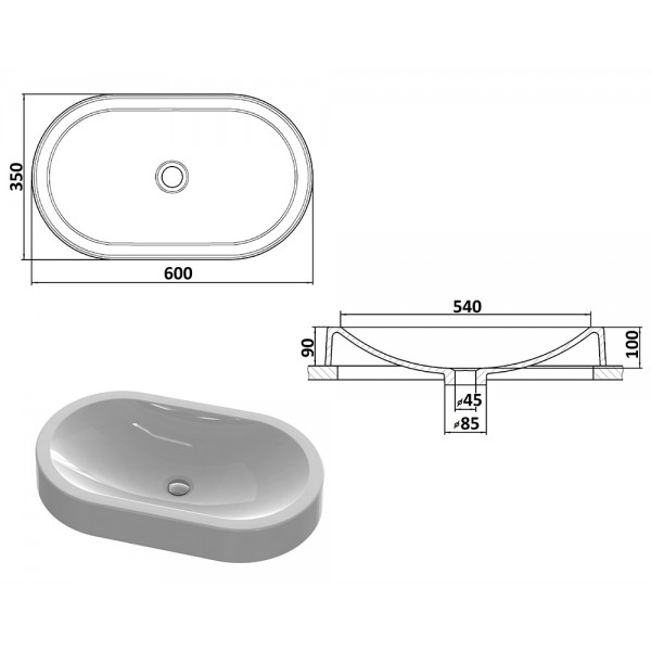 Умивальник накладний 600 х 350 мм білий Snail 150A100