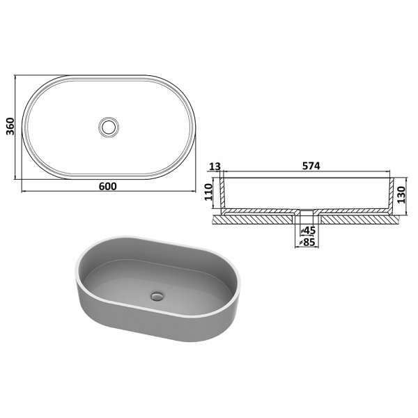 Умивальник накладний 600 х 360 мм білий Snail 172A100