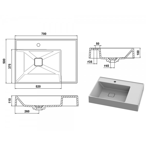 Умывальник накладной 700*500 мм белый Snail 160A100
