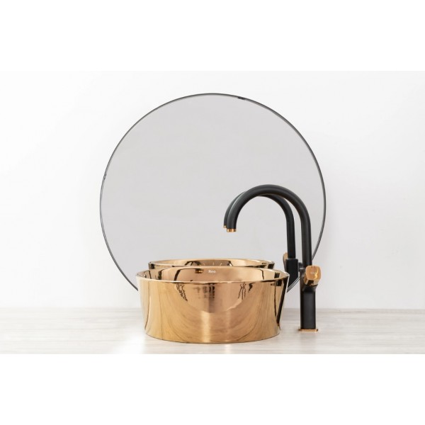 Смеситель для раковины (умывальника) REA SALTO черный с вставкой розовое золото высокий