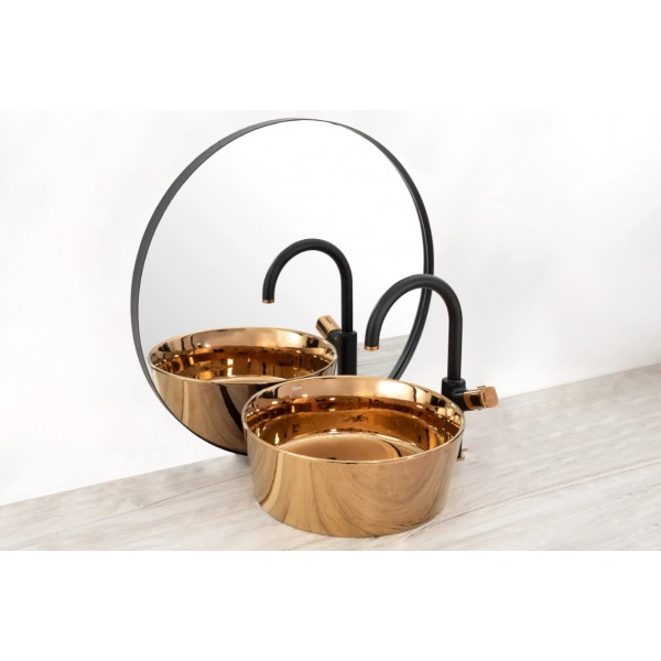 Смеситель для раковины (умывальника) REA SALTO черный с вставкой розовое золото высокий