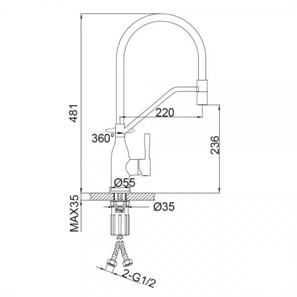 F4497 кухня одноваж. силікон. вилив лат. корп. гайка Ø35 (хром) {10}