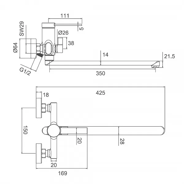 F2267 ванна одноваж. довг. пл. вилив лат. корпус Ø35 (хром)** {10}