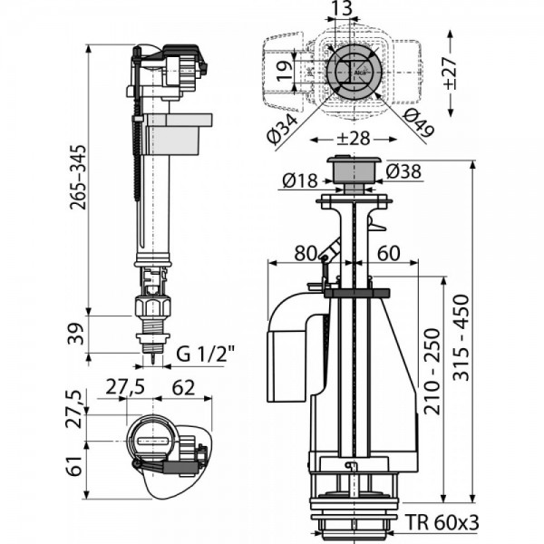 Комплект для унитаза с нижней подводкой 1/2 AlcaPlast SA08AS