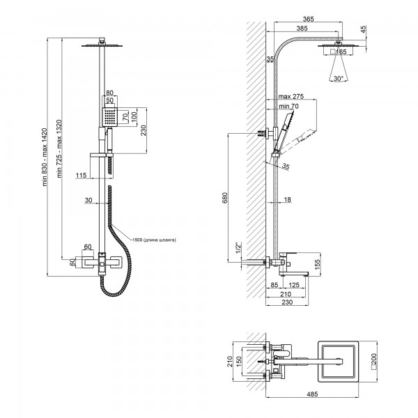 Душевая система универсальная Lidz Kubis 1030 на три потребителя (с изливом) (k35) LDKUB1030NKS28538 Nickel