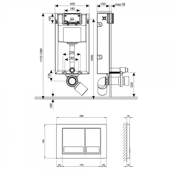 Набор инсталляция 4 в 1 Qtap Nest ST с квадратной панелью смыва QT0133M425M06028CRM