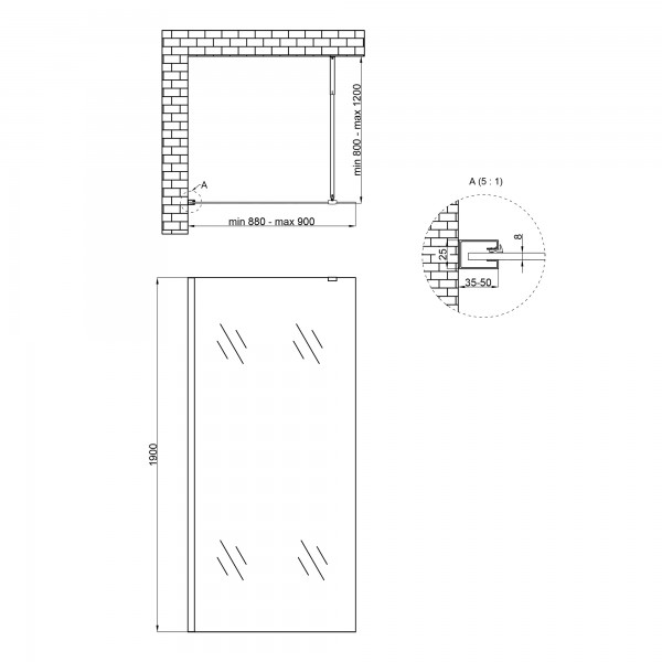 Душова перегородка Qtap Walk-In Standard CRM209.C8 90х190 см, скло Clear 8 мм, покриття CalcLess