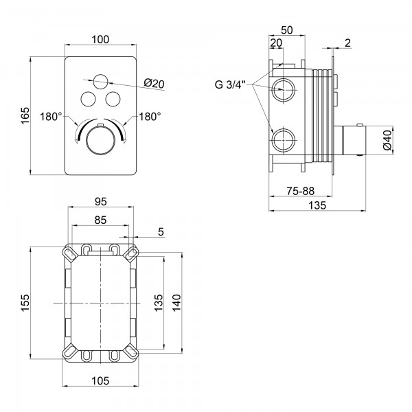 Змішувач термостатичний прихованого монтажу для душу Qtap Votice 6443T105NKB для трьох споживачів