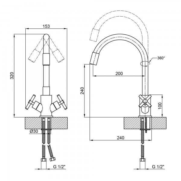 Змішувач Wind для кухні U рефлекторний Black 13R-BFS, Black керамічна букса Lidz