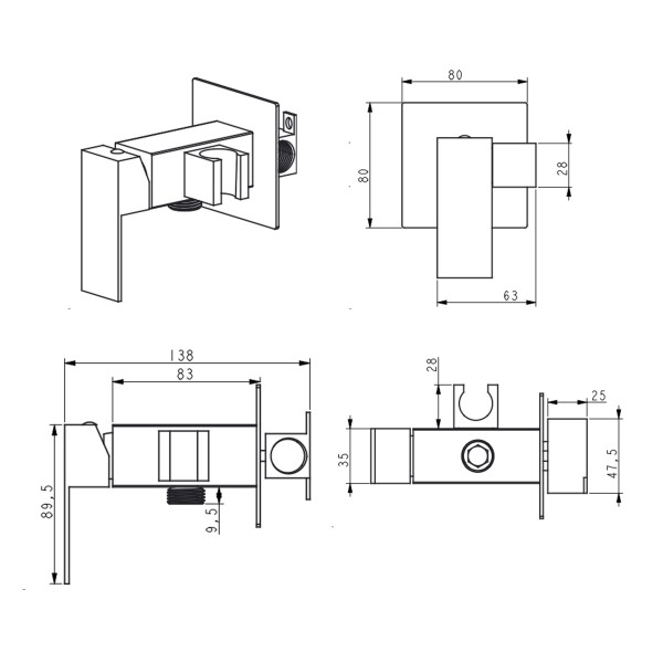 Набор для гигиенического душа Lidz Kubis 111 Black LDKUB111BLA46108 прямоугольный