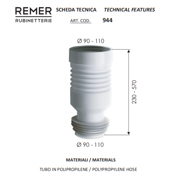 Гофра для унитаза 230-570 мм D-90/110 мм REMER 944