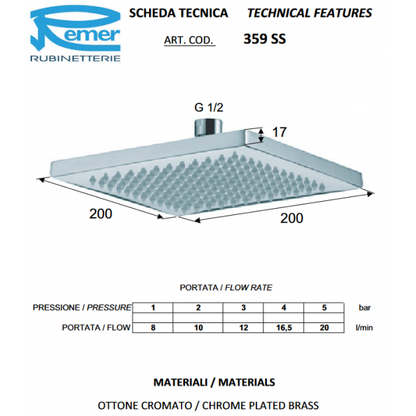 Лейка верхнего душа квадратная REMER 359SSX