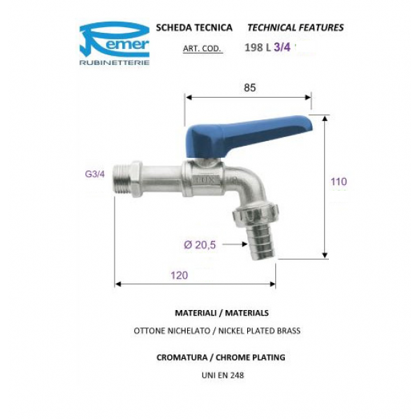 Шаровой кран поливочный 3/4" REMER 198L34