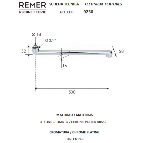 Гусак для змішувача у ванну 50 см REMER 9250