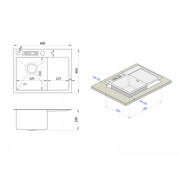 Накладная кухонная мойка с левым крылом Nett NS-6045(L)