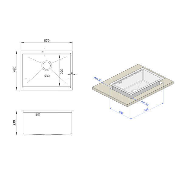 Кухонна мийка біла під стільницю 1.5 мм з нержавіючої сталі Nett NW-5742