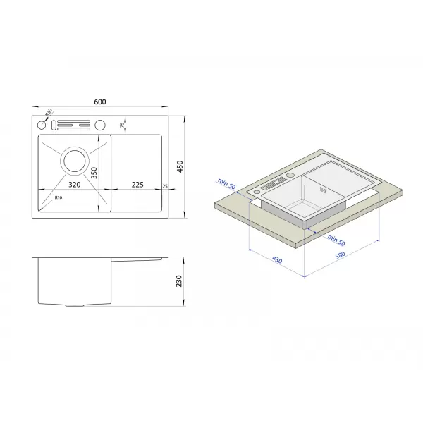 Накладная мойка на кухню с правым крылом 1.5 мм Nett NS-6045(R)
