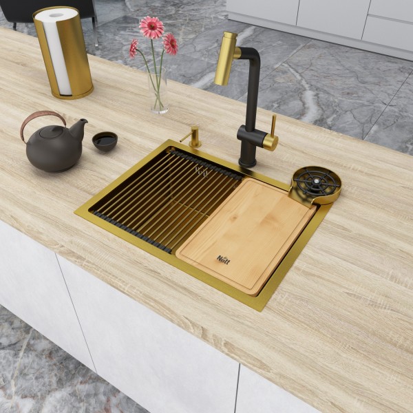 Золотая мойка под столешницу из нержавейки 1.5 мм кухонная станция Nett NG-5742