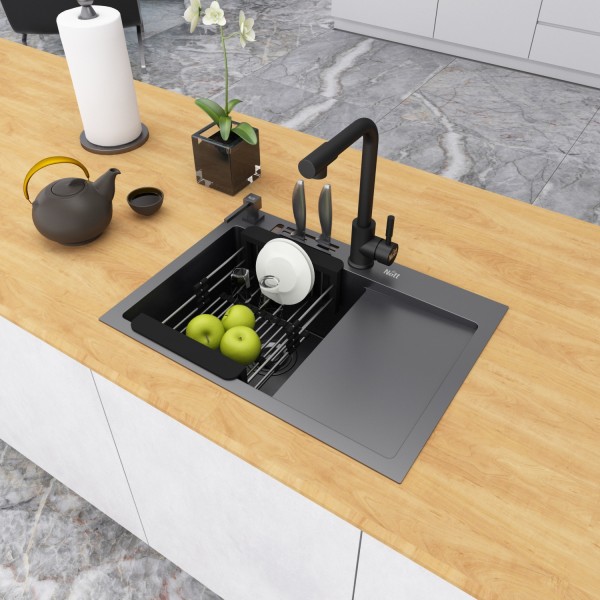 Черная раковина на кухню с правое крылом Nett NB-6045(R)