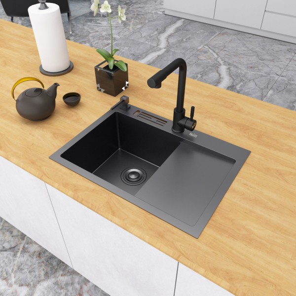 Черная раковина на кухню с правое крылом Nett NB-6045(R)