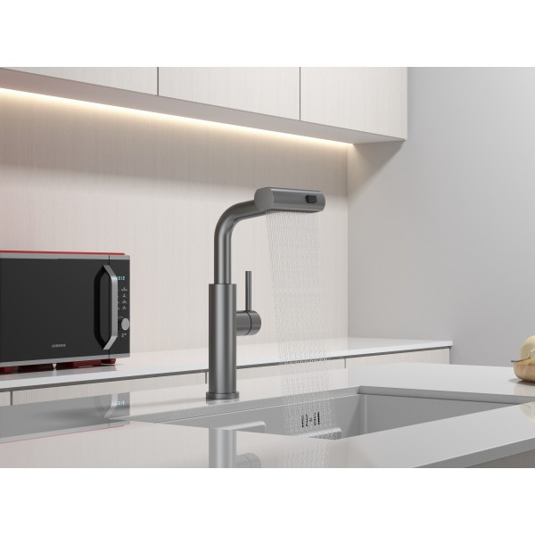 Смеситель на кухню водопад с выдвижной лейкой графит Nett LGr-35