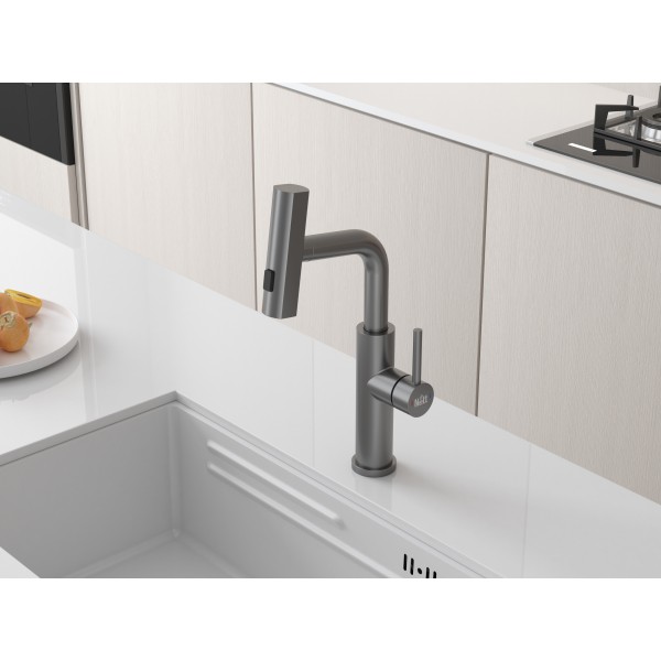 Смеситель на кухню водопад с выдвижной лейкой графит Nett LGr-35