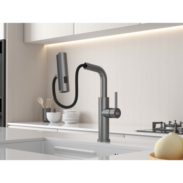 Смеситель на кухню водопад с выдвижной лейкой графит Nett LGr-35