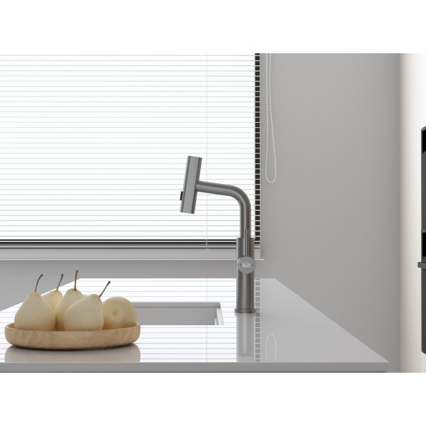 Смеситель на кухню водопад с выдвижной лейкой графит Nett LGr-35