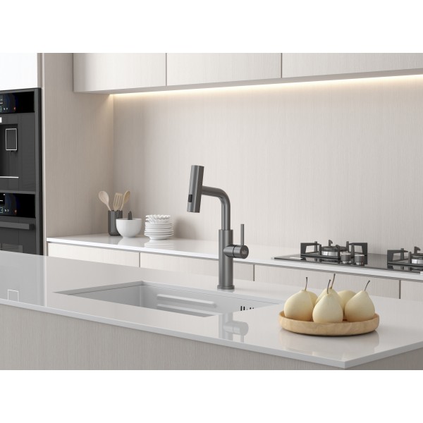 Смеситель на кухню водопад с выдвижной лейкой графит Nett LGr-35