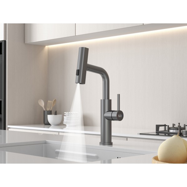Смеситель на кухню водопад с выдвижной лейкой графит Nett LGr-35