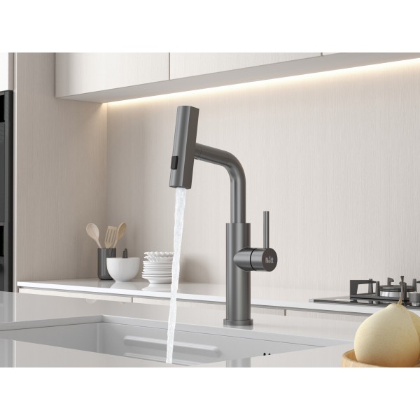 Смеситель на кухню водопад с выдвижной лейкой графит Nett LGr-35