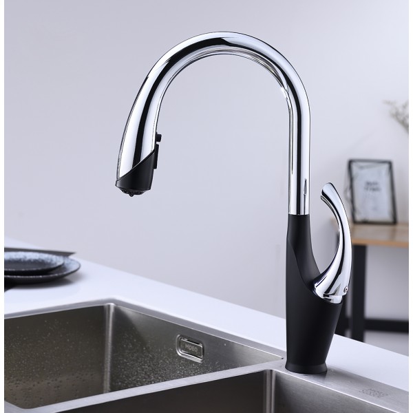 Чорний кухонний змішувач з висувним виливом "Лебідь" Nett SWB-435