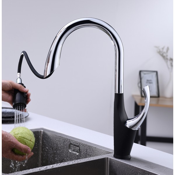 Чорний кухонний змішувач з висувним виливом "Лебідь" Nett SWB-435