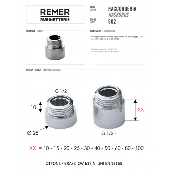 Удлинитель резьбы 80 мм 1/2" хром REMER 5021280