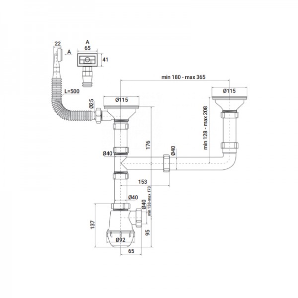 Сифон для двойной мойки с отводом 1 1/2" ZERIX ZX4955