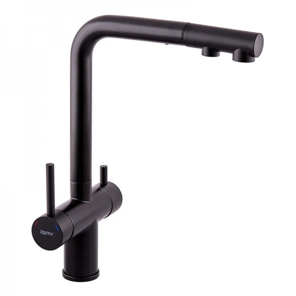 Смеситель кухонный на две воды Zerix LUX-024 Black с выдвижной воронкой (нерж. сталь) (ZX5556)