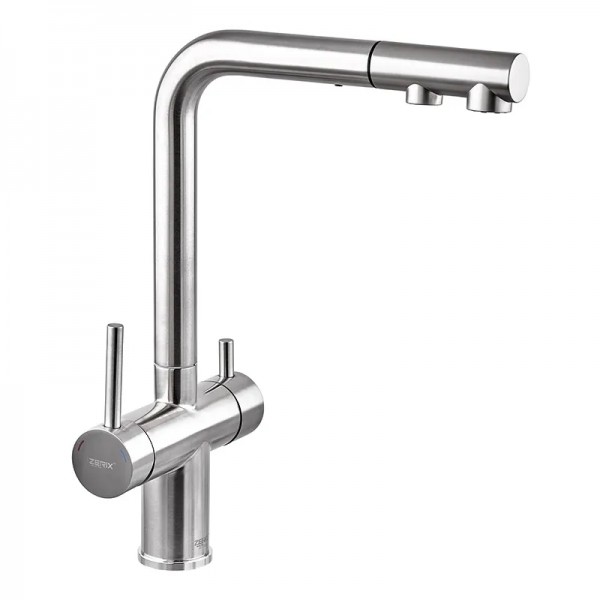 Кухонний змішувач на дві води Zerix LUX-024 з висувною лійкою (нерж. сталь) (ZX5555)