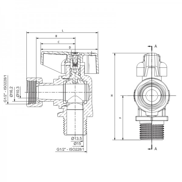 Кран шаровой Roho R116-050 -1/2"х1/2" ВЗ угловой Н/Г, ручка "бабочка" красная (RO0235)