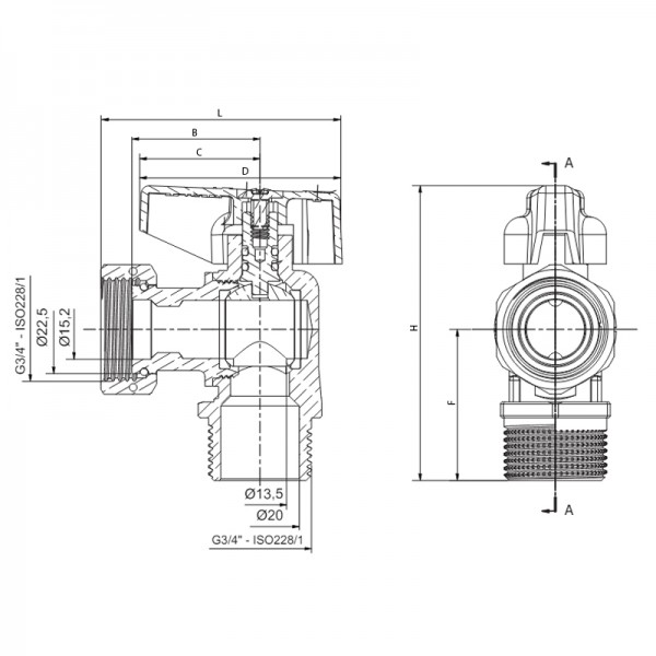 Кран шаровой угловой Н/Г, Roho R116-075B -3/4"х3/4" ВЗ ручка "бабочка" черная (RO0238)
