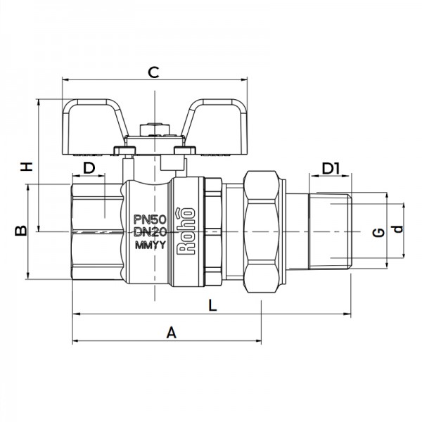 Кран с американкой прямой Roho R105-050 - 1/2" (RO0086)