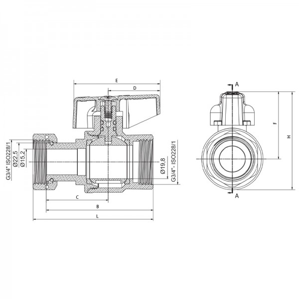 Кран шаровой Roho R115-075B -3/4"х3/4" прямой Н/Г, ручка "бабочка" черная (RO0234)