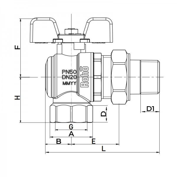 Кран з американкою Roho R106-100B - 1" кутовий (RO0115)