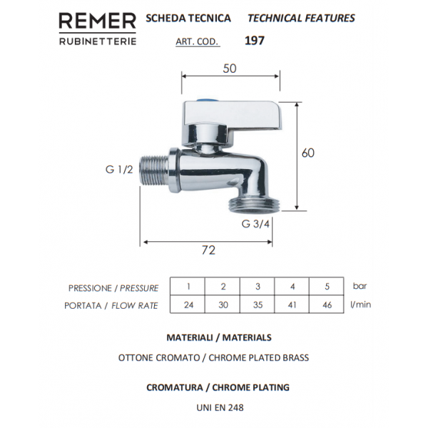 Кран кутовий для пральної машини 1/2" х 3/4" REMER 197 Кран кутовий для пральної машини 1/2" х 3/4" REMER 197