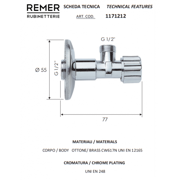 Кран приладовий кутовий 1/2" х 1/2" REMER 1171212