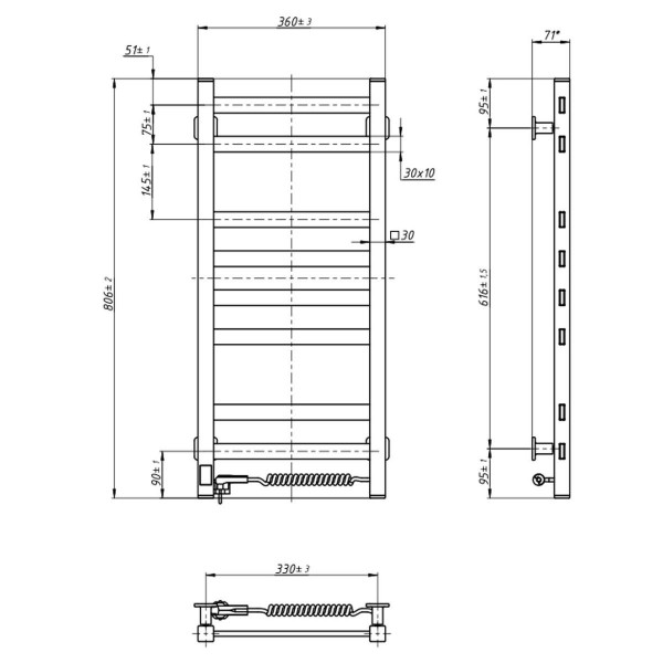 Полотенцесушитель Авангард 360х800 Sensor правый с таймером, чёрный муар