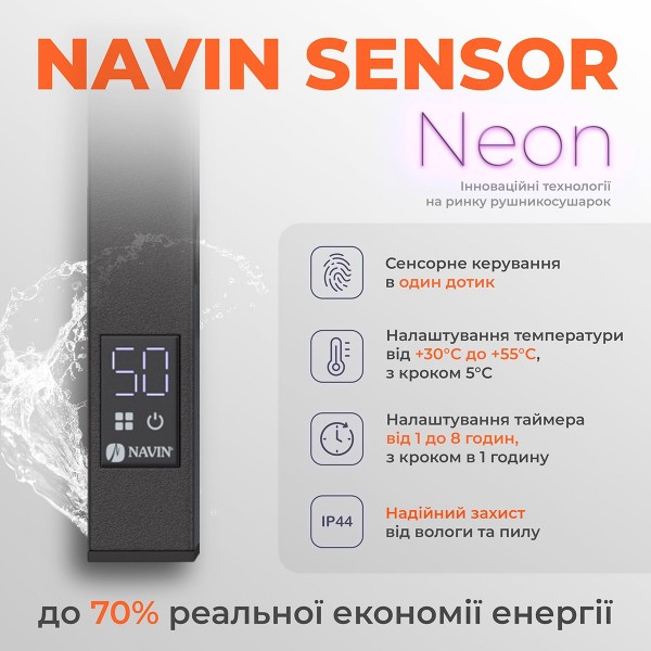 Рушникосушка електрична Navin Грандіс 480х1200 Sensor ліва з таймером чорний муар