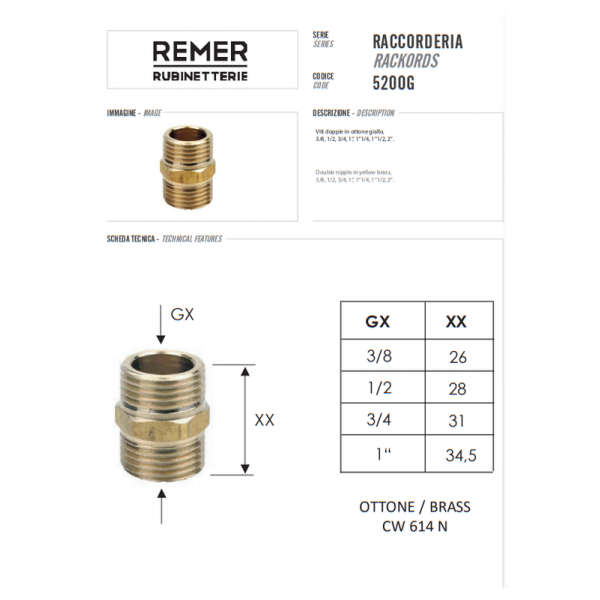 Ніпель 1" латунний бочонок REMER 520OG10